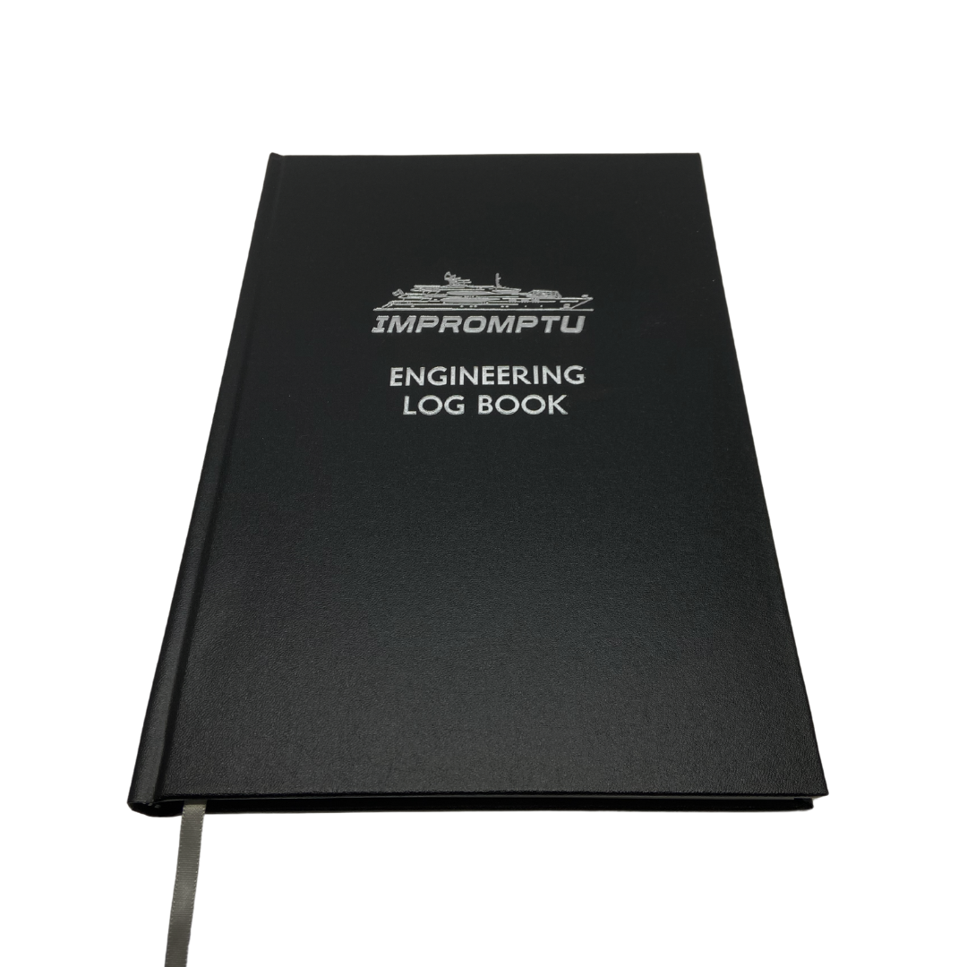 Closed black engineering log book with 'IMPROMPTU' and 'ENGINEERING LOG BOOK' embossed on the front cover.