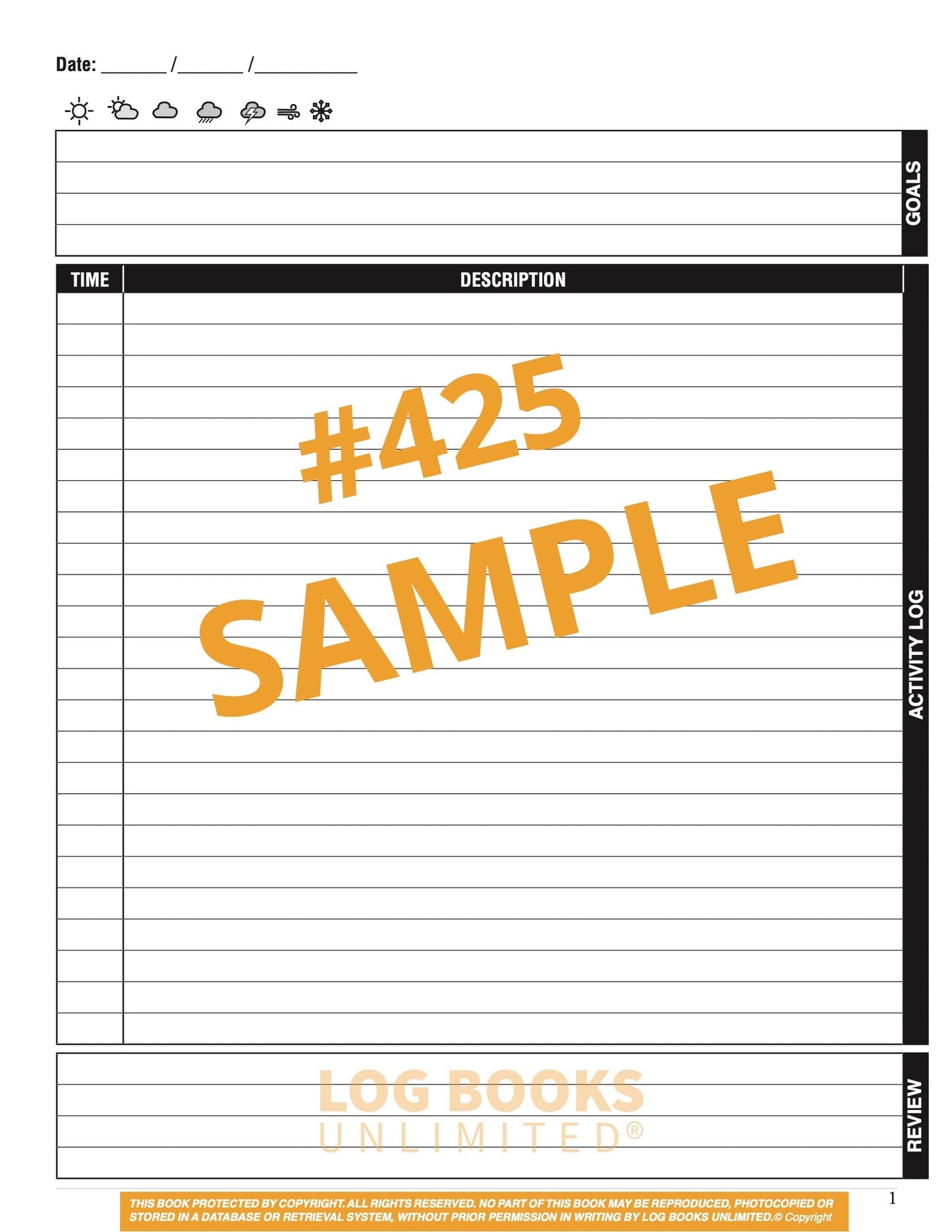 A blank daily activity log page featuring sections for time, description, goals, and activity logs