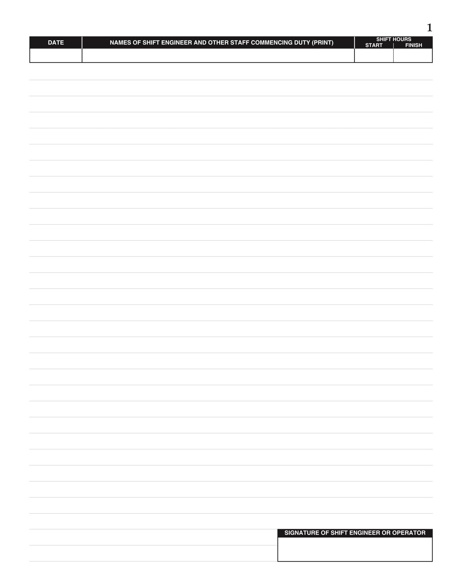 #471 Log Book Page. Date, Names of shift engineer and other staff commencing duty, Shift Hours.