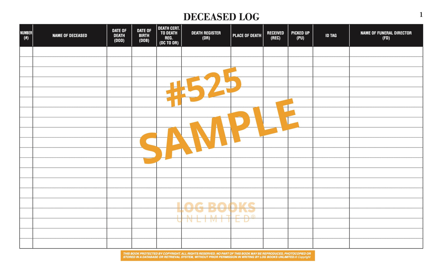 A sample deceased log template with columns for name, date of death, place of death, and funeral director details