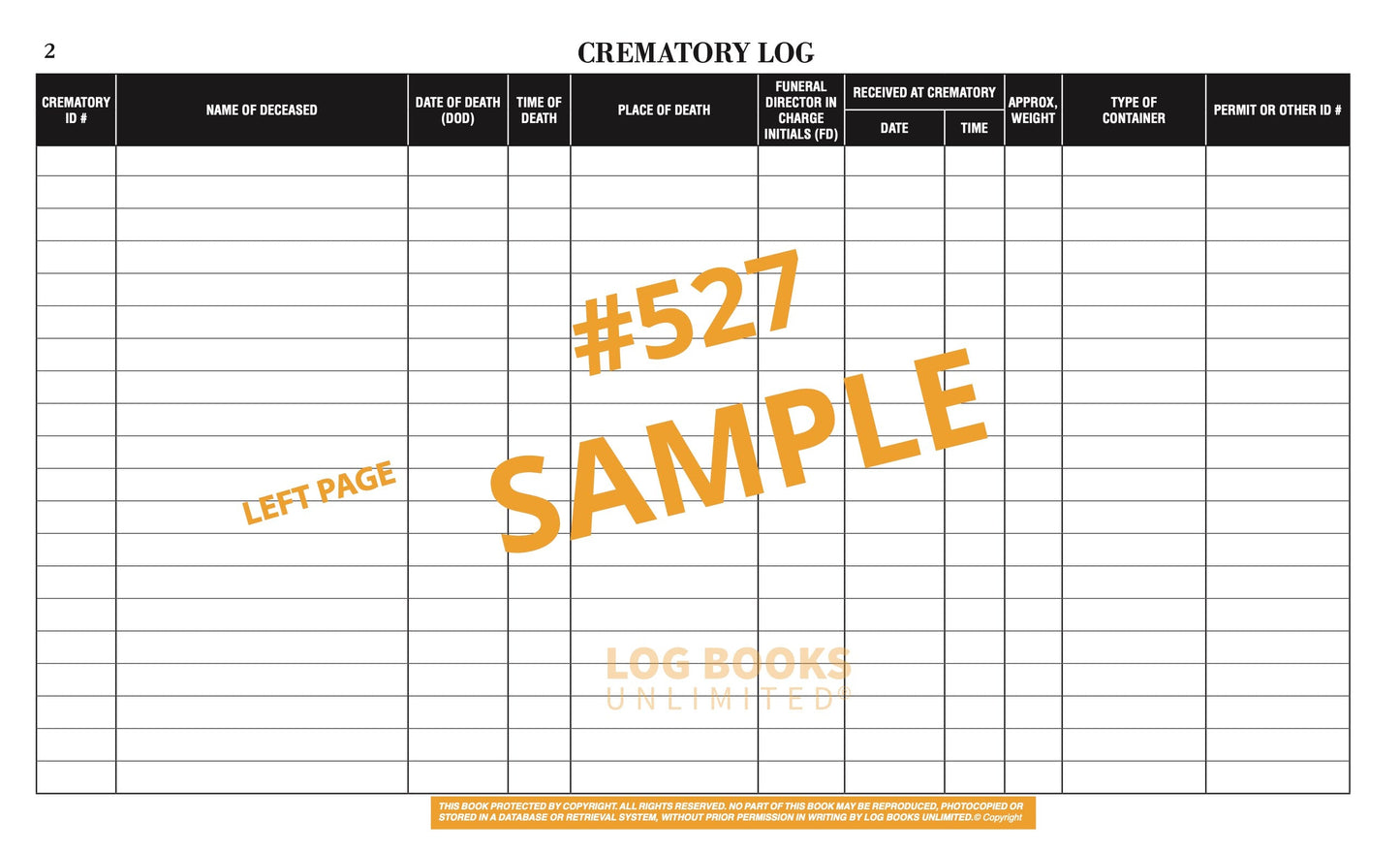 A sample crematory log left page featuring columns for name, dates and time of death, place of death, funeral director, and type of container.