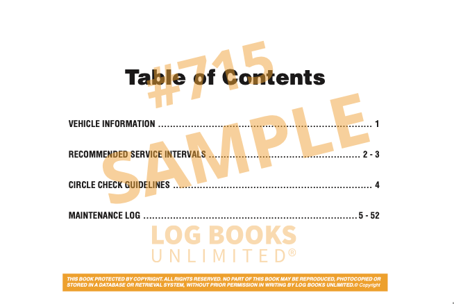 Auto Maintenance Log Book #715 Table of Contents