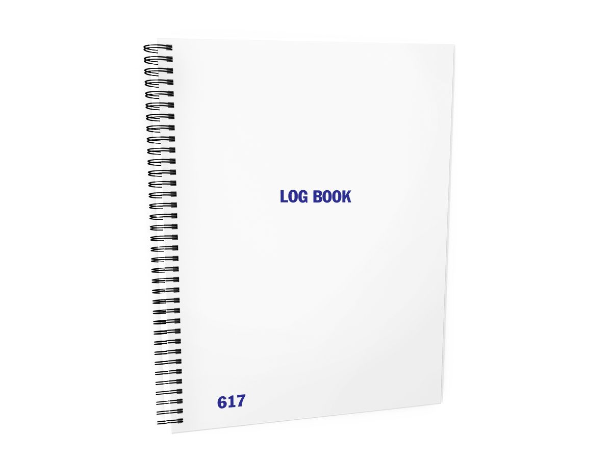 Blank Notebook / Log Book #617 Front Cover - A white spiral-bound notebook titled "LOG BOOK", displayed against a white background.
