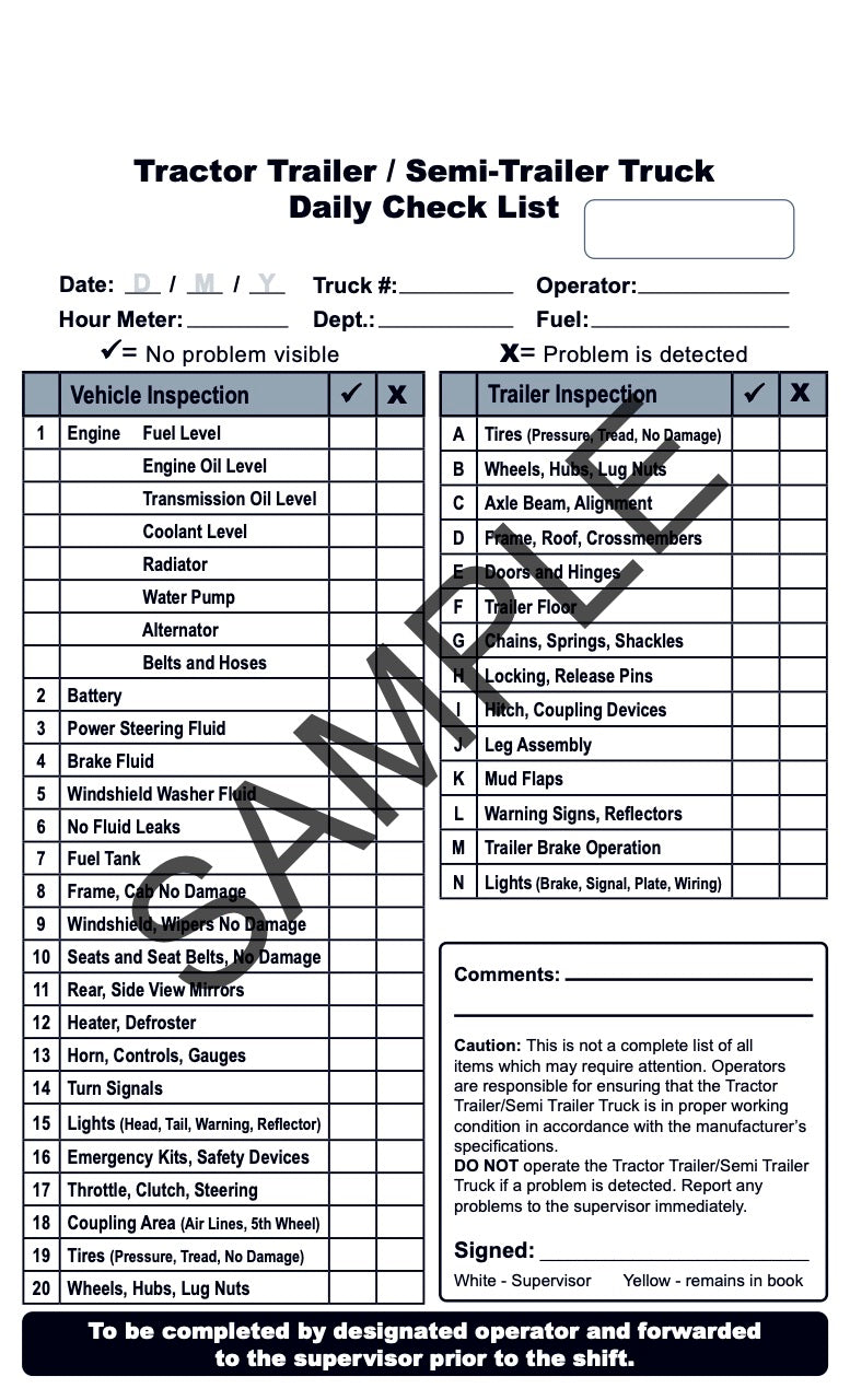 A sample tractor trailer checklist.