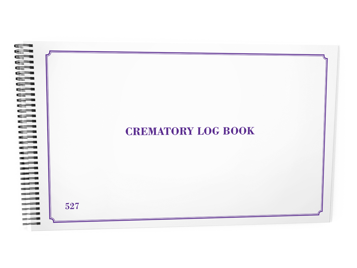 Crematory Log Book #527 Front Cover - A white spiral-bound notebook titled "CREMATORY LOG BOOK", displayed against a white background.