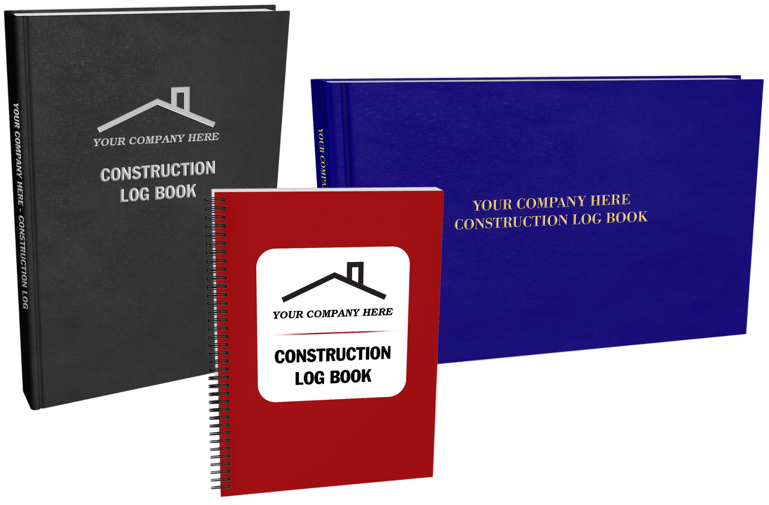 Three customizable construction log books in different styles.