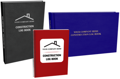 Three customizable construction log books in different styles.
