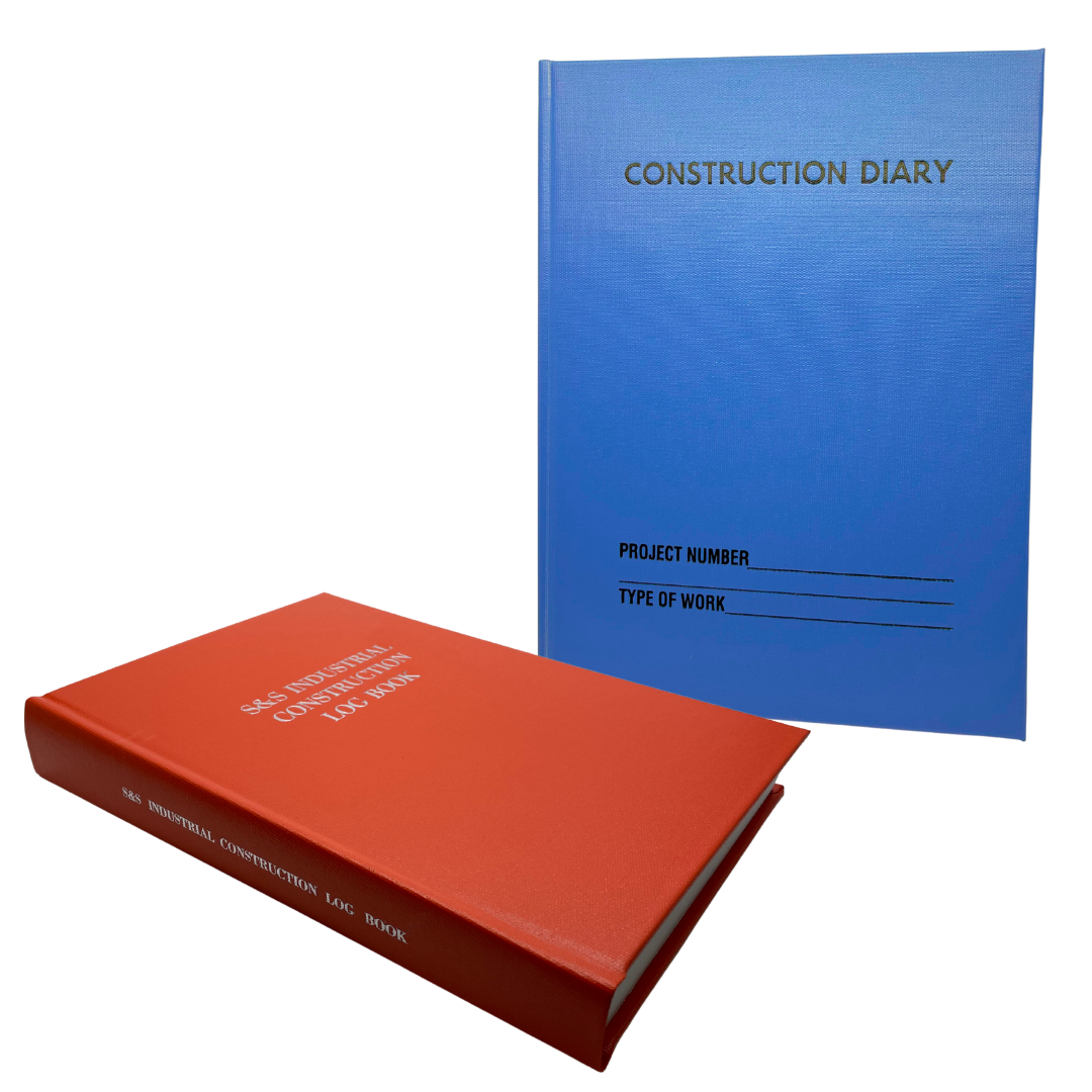 Two construction log books: one red and one blue, labeled 'Construction Diary' and 'Industrial Log Book'