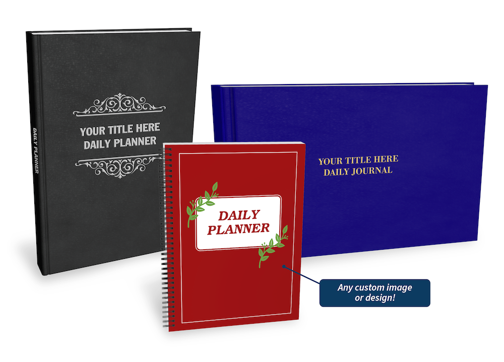 Three customizable planner journals or log books in different styles.