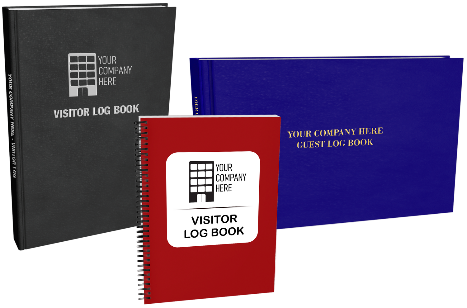 Three customizable visitor log books in different styles.