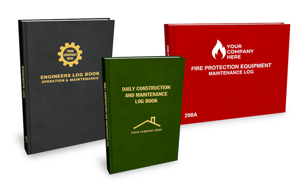 Three customized log books: black 'Engineers Log Book,' green 'Daily Construction and Maintenance Log Book,' and red 'Fire Protection Equipment Maintenance Log' with customizable covers.