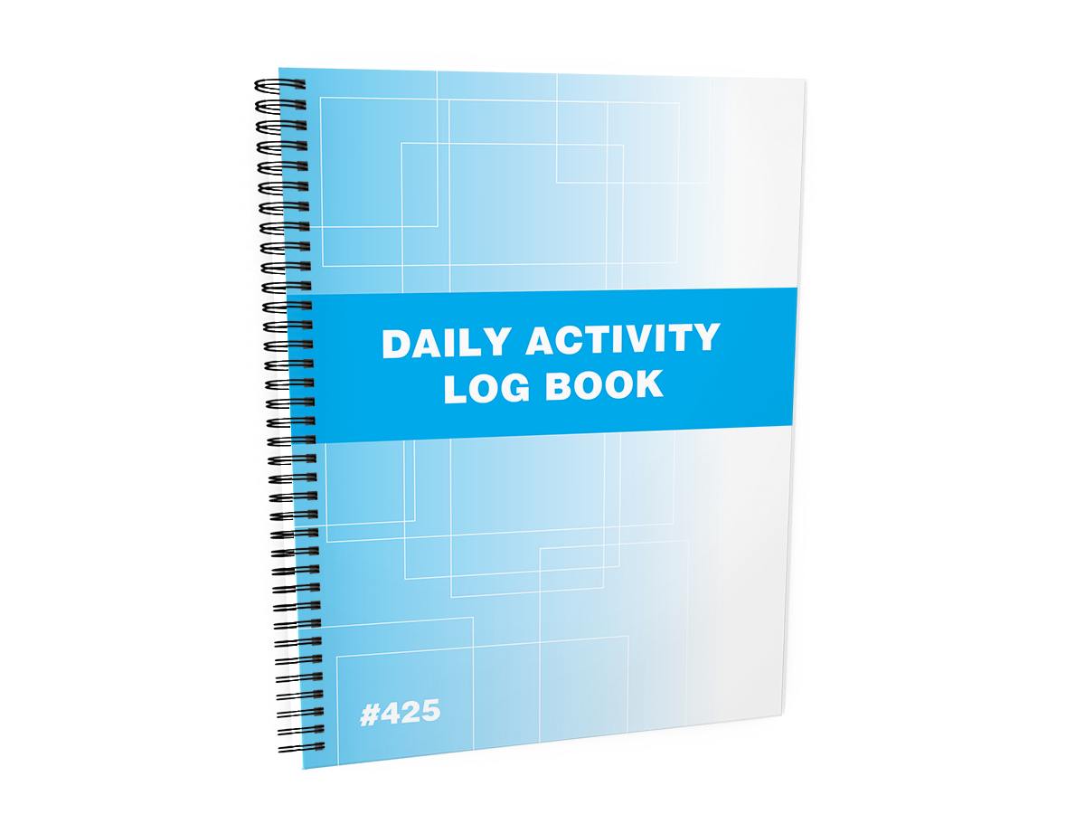 Daily Activity Log Book #425 Front Cover - A spiral-bound daily activity log book with a blue and white cover.