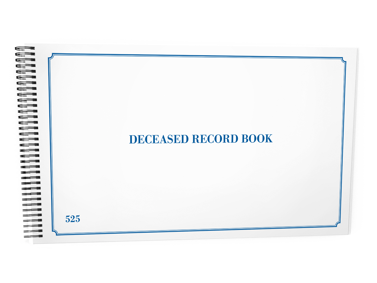 Deceased Record Book #525 Front Cover - A white spiral notebook labeled "DECEASED RECORD BOOK" is shown against a white background.