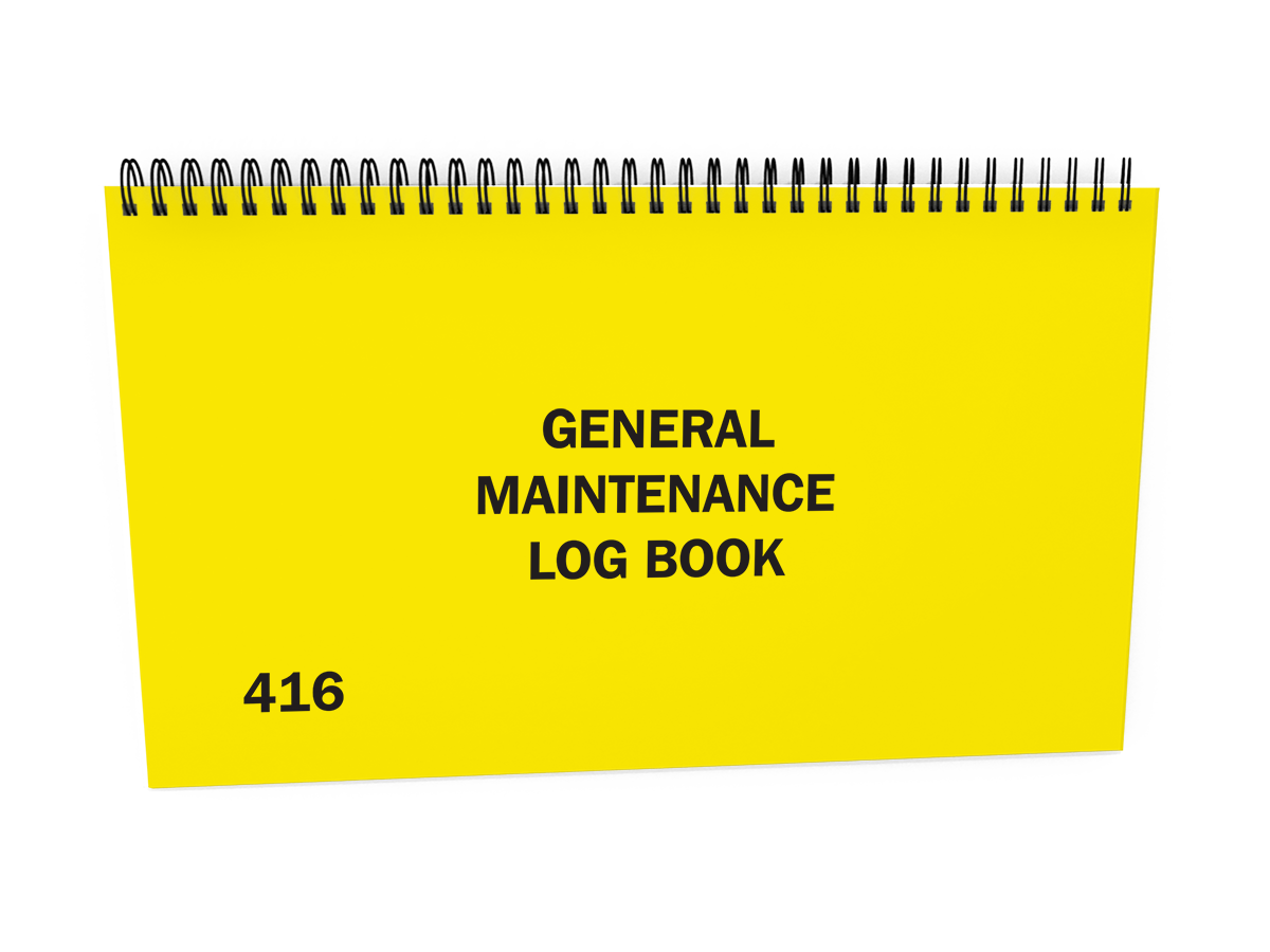 Equipment Maintenance Log Book - Pocket Size #416 Front Cover - A yellow spiral-bound notebook titled "GENERAL MAINTENANCE LOG BOOK," displayed against a white background.