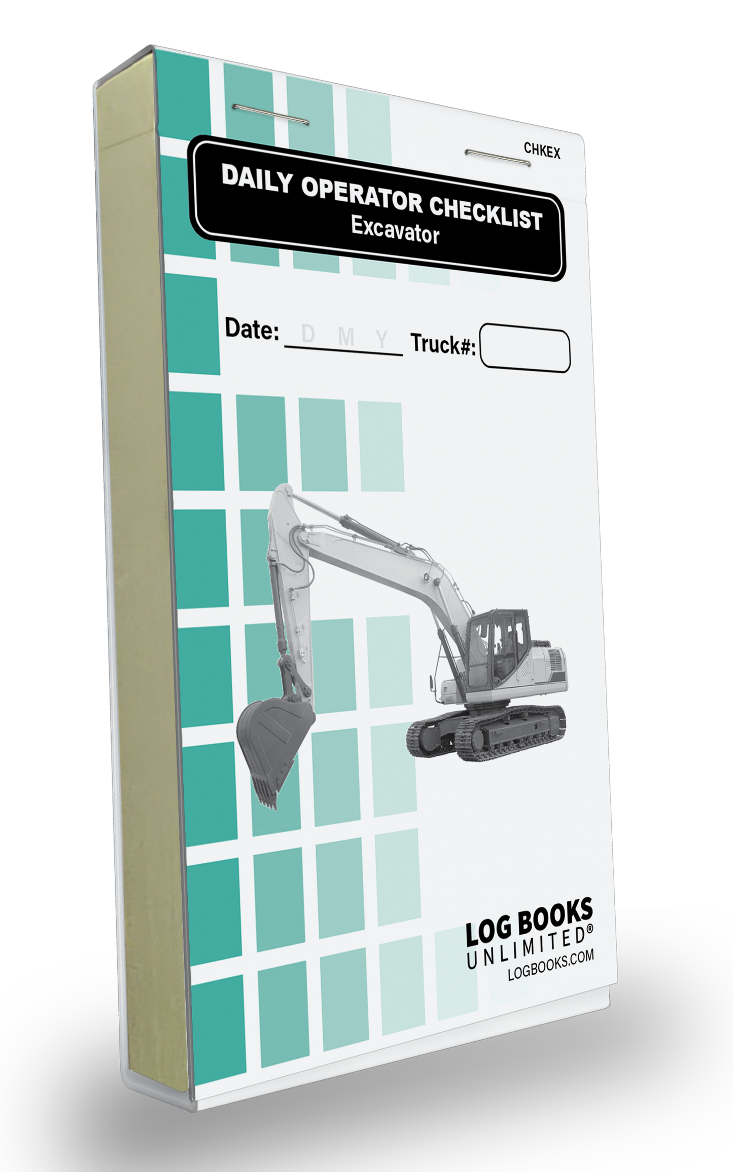 "Daily Operator Checklist – Excavator" logbook. The cover features an Excavator illustration and spaces to record the Date and Truck Number. The background consists of green squares, and the logbook branding "LOG BOOKS UNLIMITED®" is visible at the bottom.