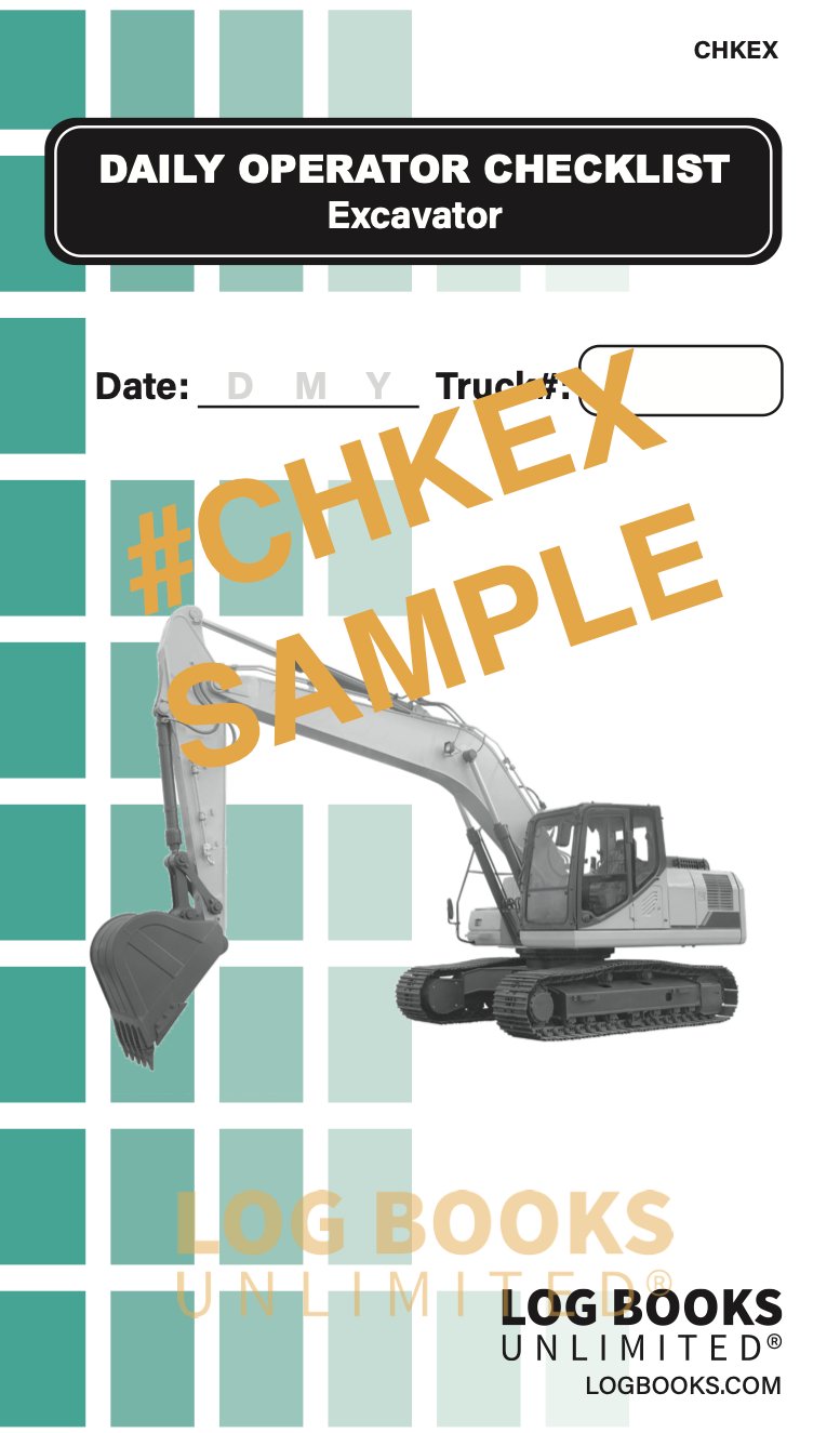 "Daily Operator Checklist – Excavator" logbook. The cover features an Excavator illustration and spaces to record the Date and Truck Number. The background consists of green squares, and the logbook branding "LOG BOOKS UNLIMITED®" is visible at the bottom.