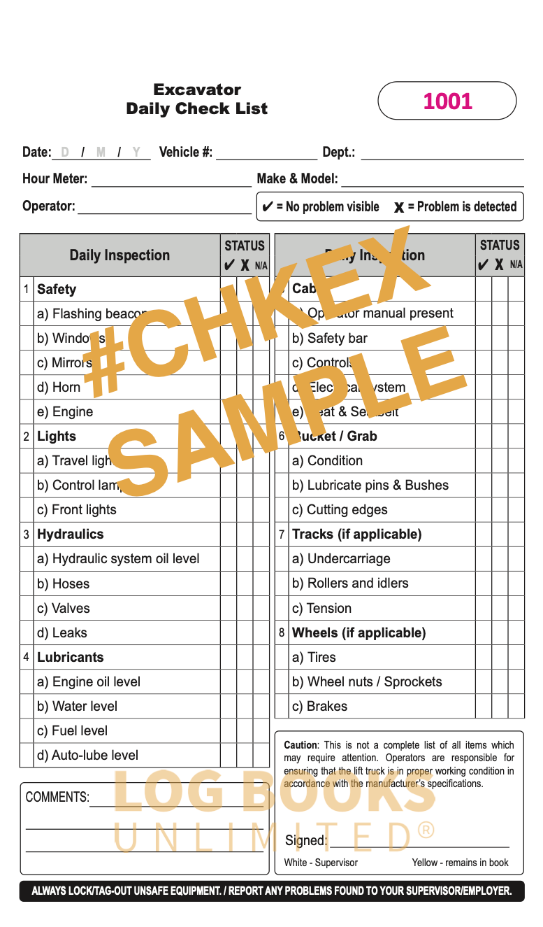 A daily check list page for an excavator, featuring sections for safety, lights, and lubricants.