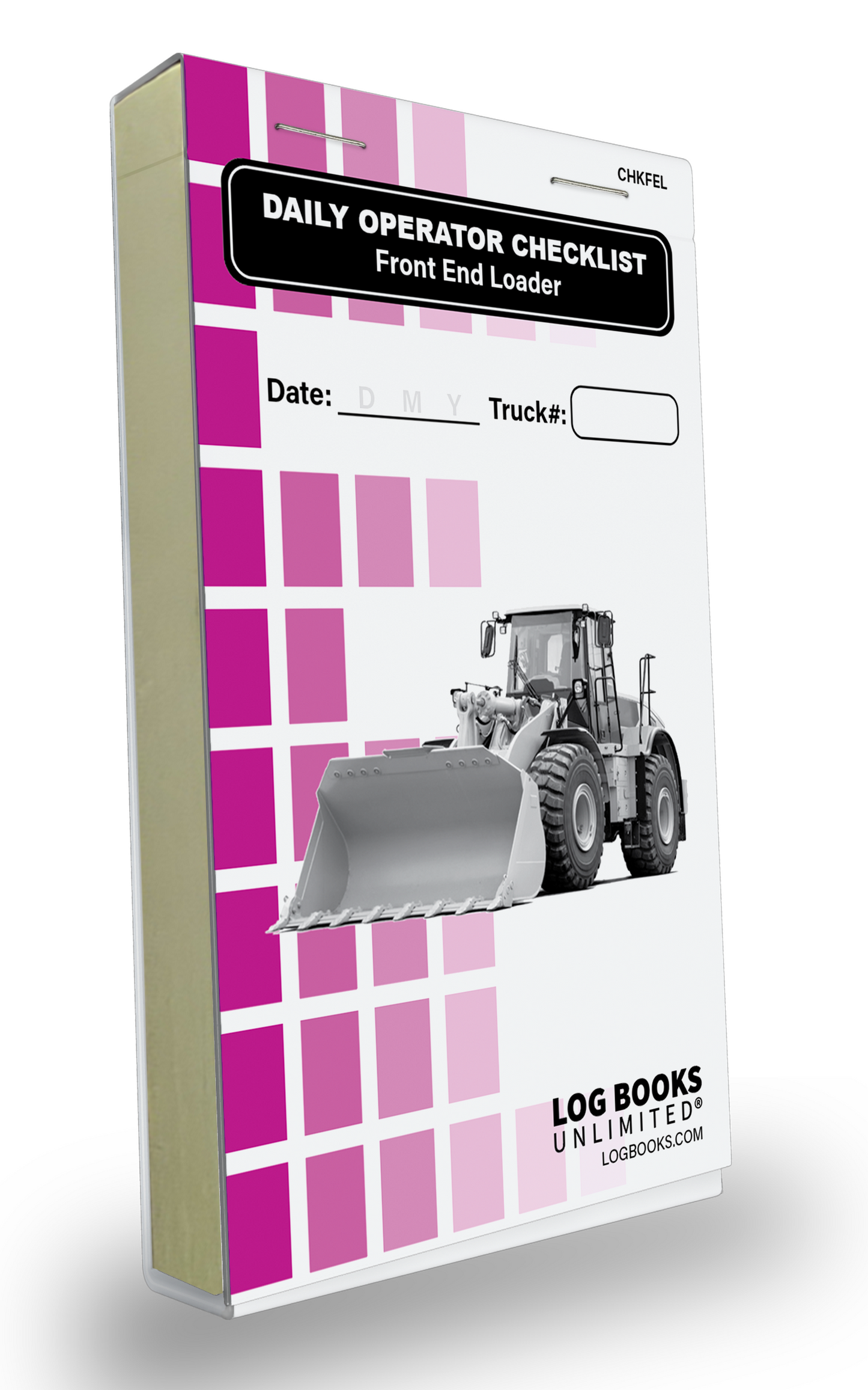 "Daily Operator Checklist – Front End Loader" logbook. The cover features a Front End Loader illustration and spaces to record the Date and Truck Number. The background consists of purple squares, and the logbook branding "LOG BOOKS UNLIMITED®" is visible at the bottom.