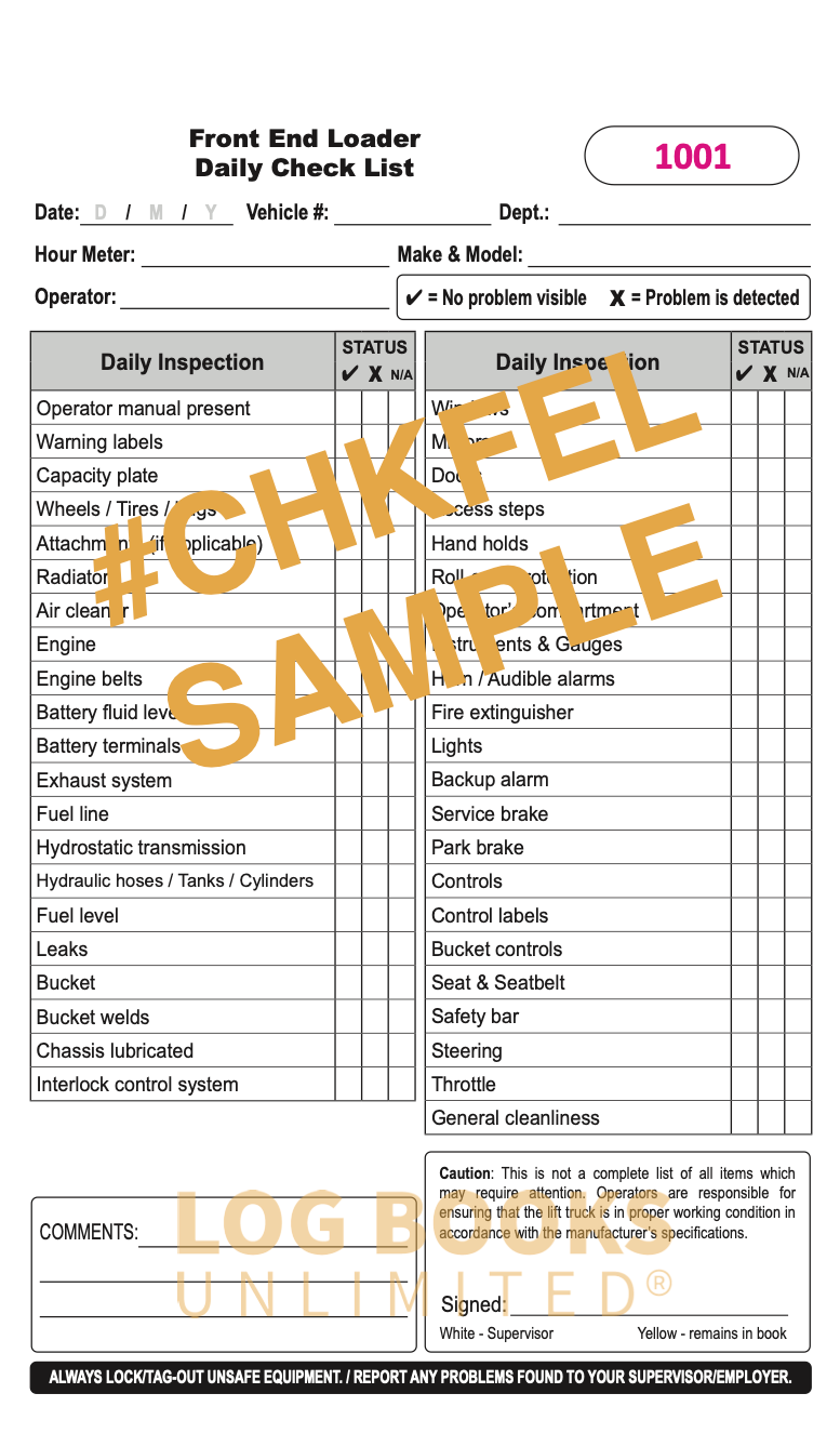 A daily check list page for a front-end loader, featuring inspection items for safety, equipment, and controls.