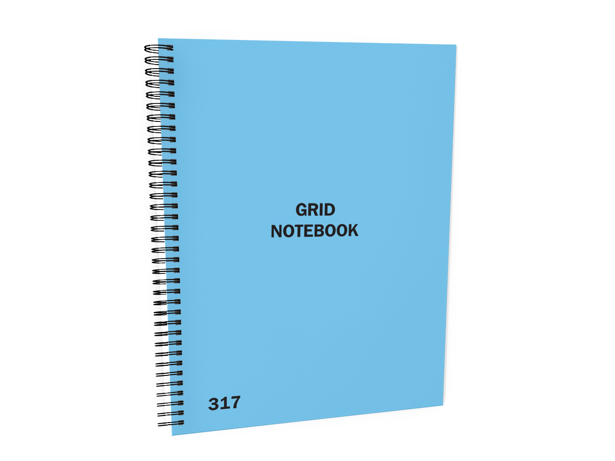 Grid Notebook #317 Front Cover - A blue spiral-bound notebook labeled "GRID NOTEBOOK", displayed against a white background.