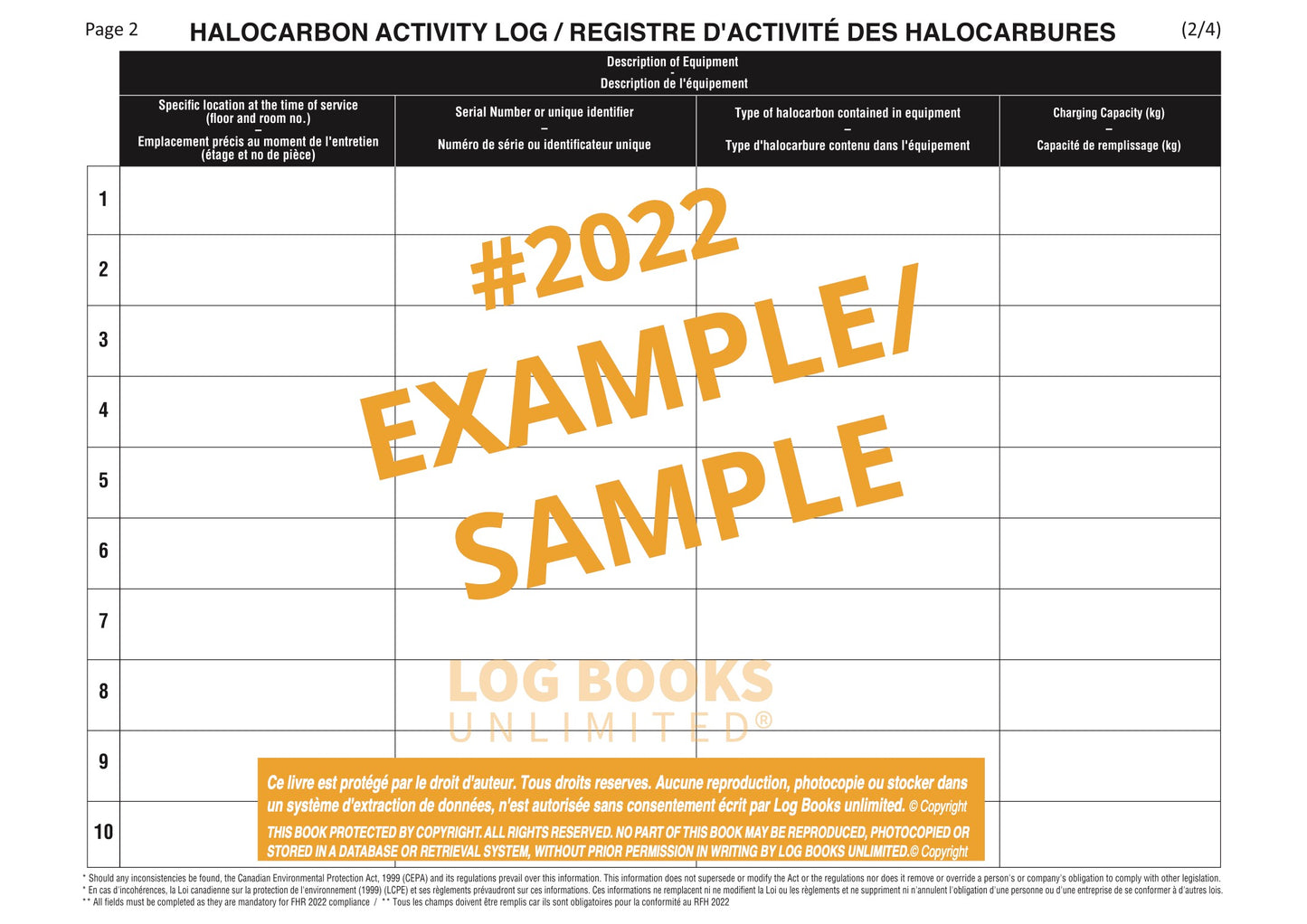 Halocarbon Activity Log (Bi-lingual) #2022