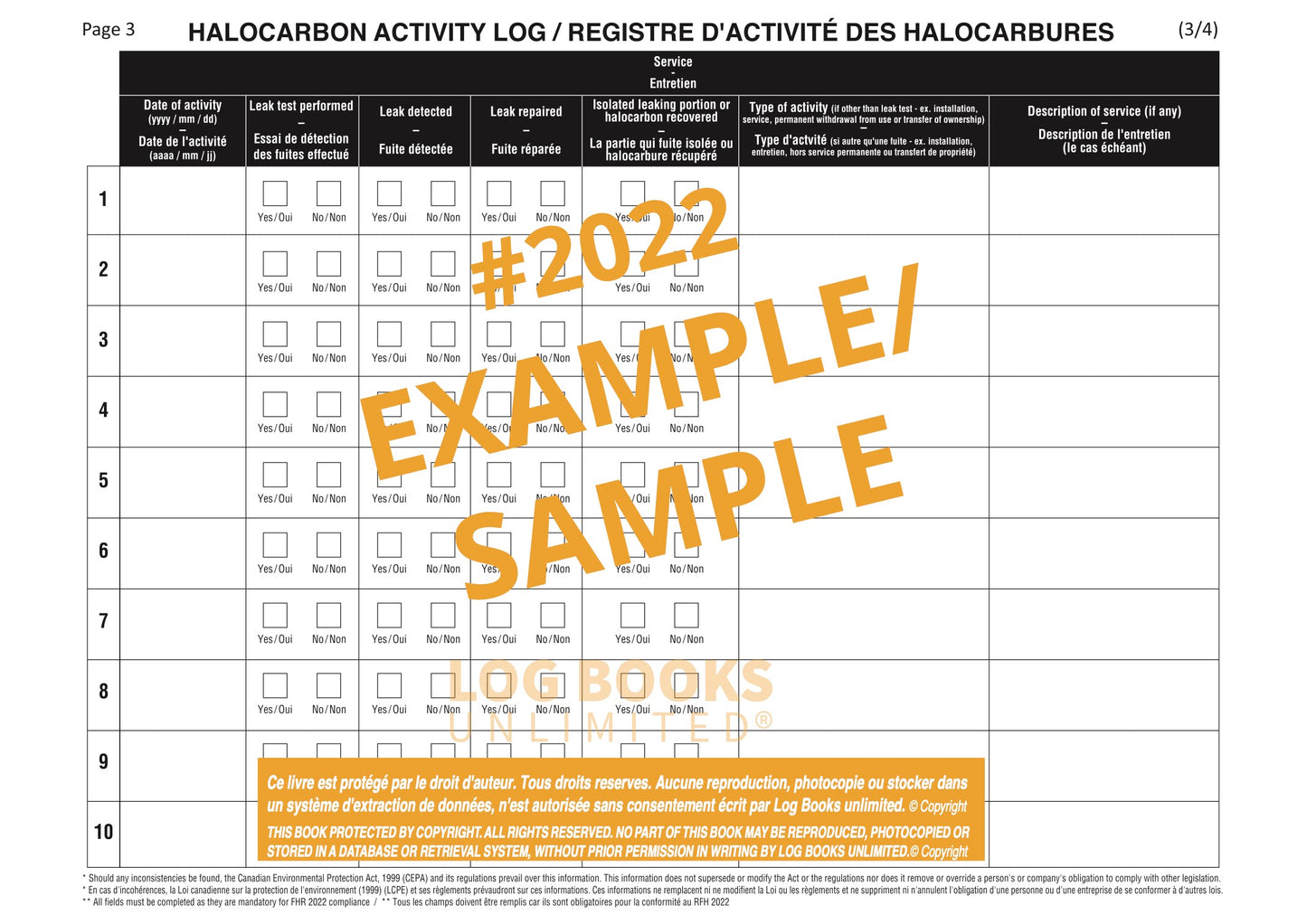 Halocarbon Activity Log (Bi-lingual) #2022