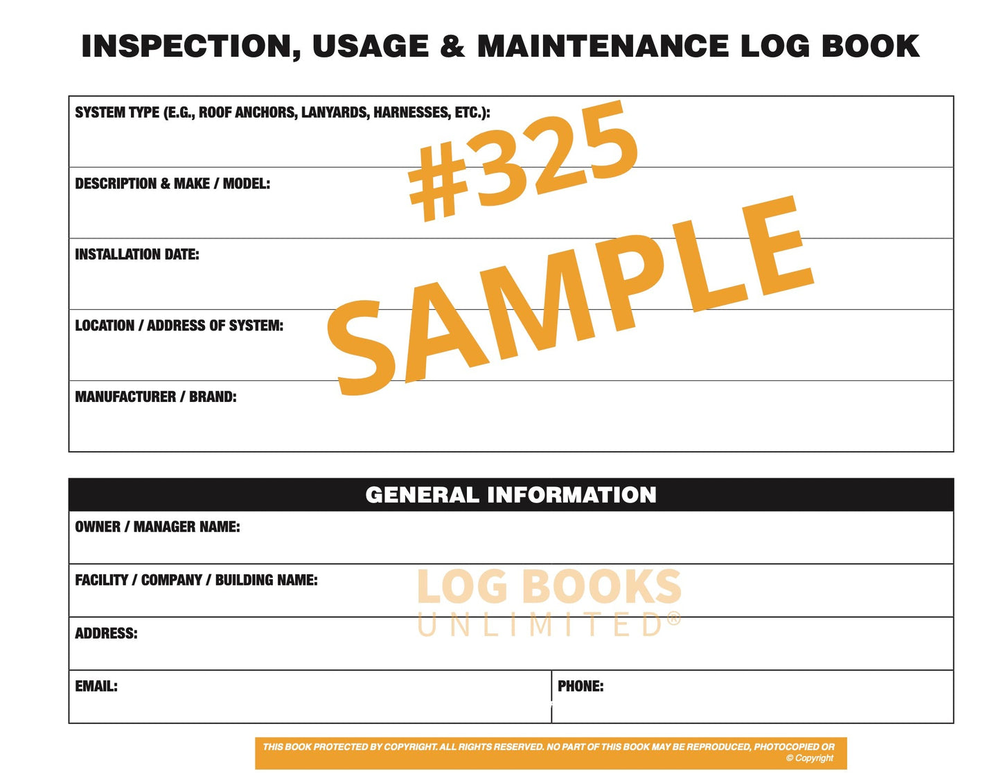 A sample page of the "INSPECTION, USAGE & MAINTENANCE LOG BOOK"