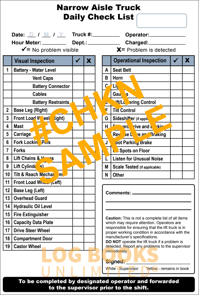 Daily Operator Checklist - Reach and Order Picker (Narrow Aisle) Lift Truck - Sample