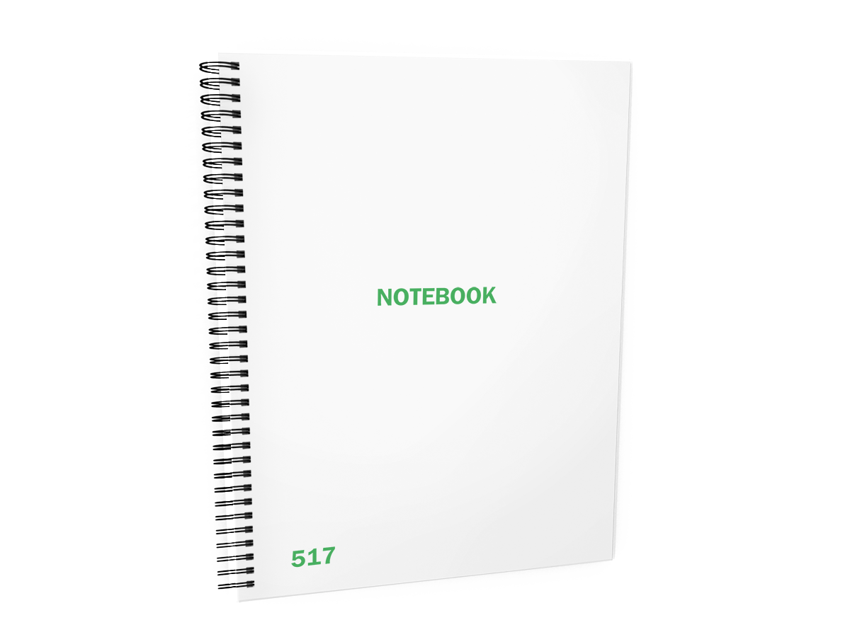 Notebook #517 Front Cover - A white spiral-bound notebook titled "NOTEBOOK," displayed against a white background.