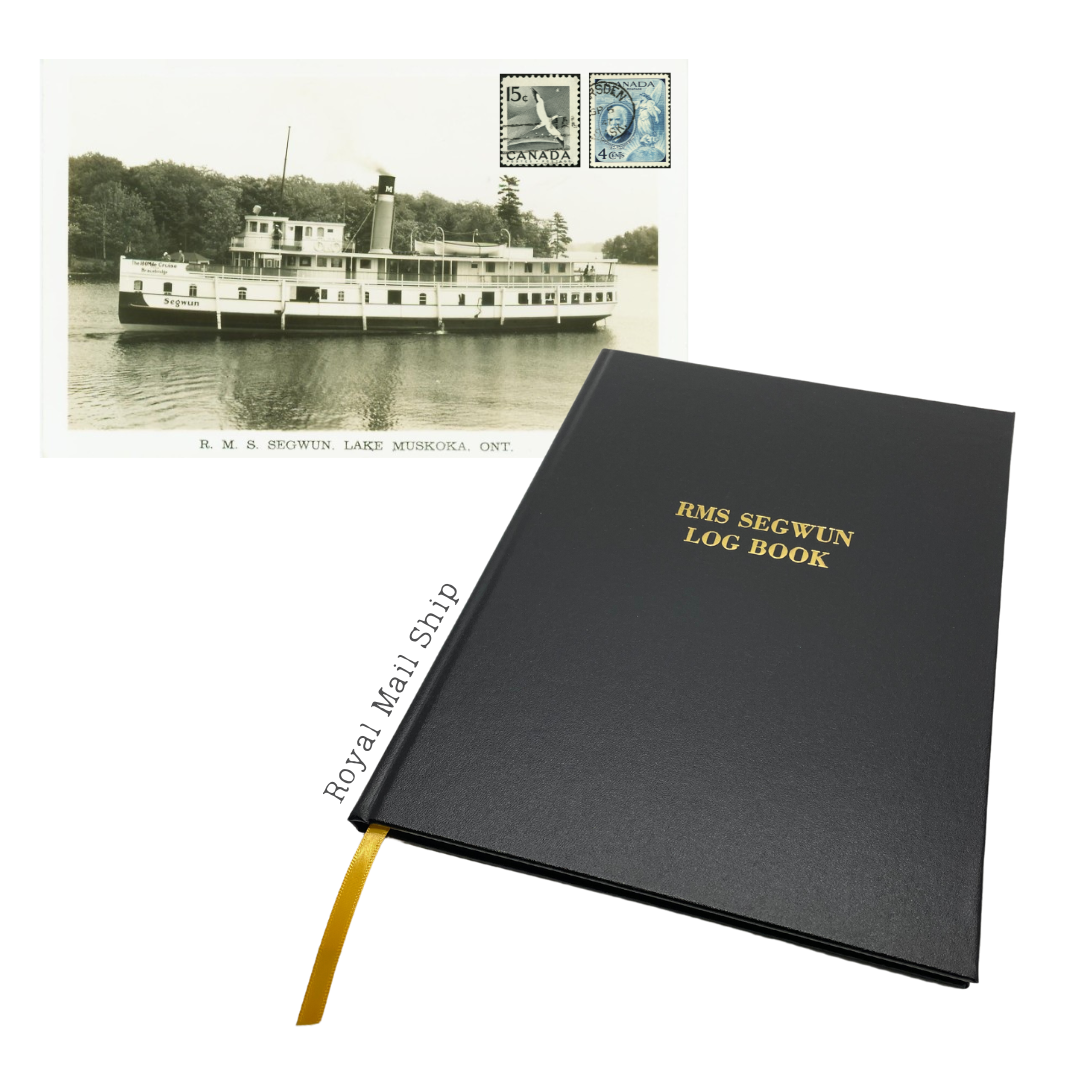A historical postcard of the R.M.S. Segwun on Lake Muskoka, Ontario, above a black log book with gold lettering.