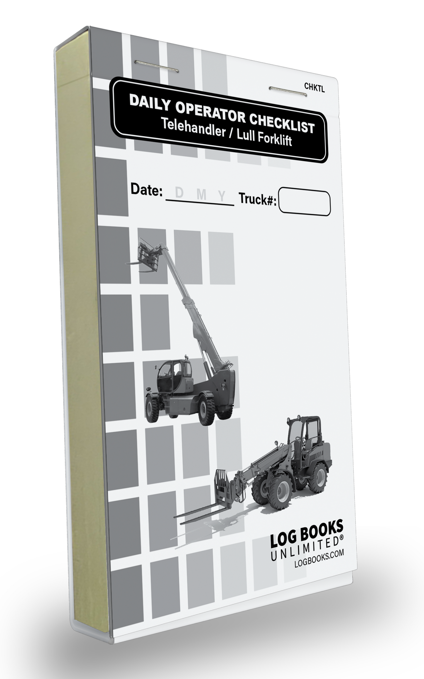 "Daily Operator Checklist – Telehandler/ Lull Forklift" logbook. The cover features a Telehandler/ Lull Forklift illustration and spaces to record the Date and Truck Number. The background consists of grey squares, and the logbook branding "LOG BOOKS UNLIMITED®" is visible at the bottom.