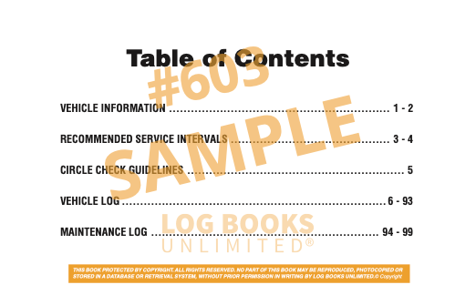 Vehicle Log Book #603 Table of Contents