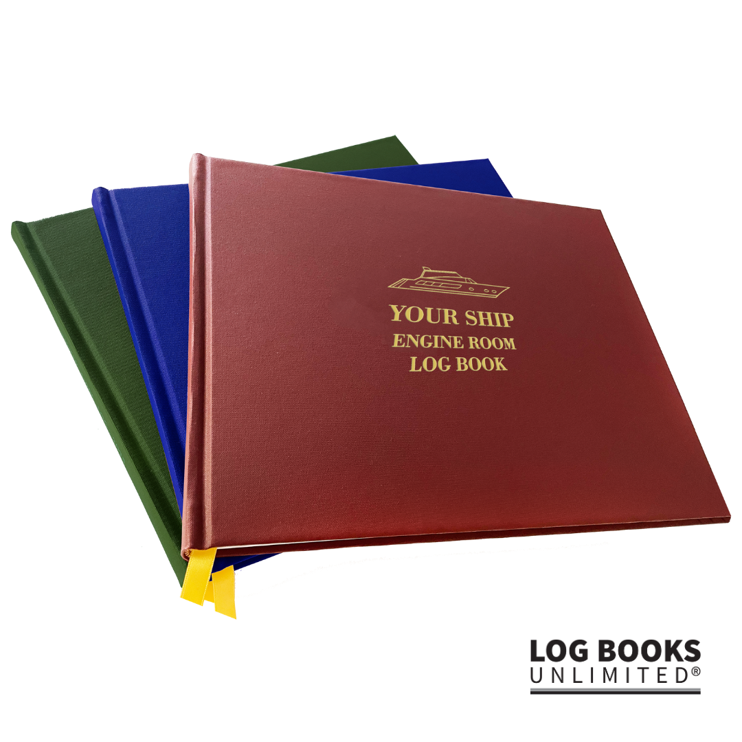 Three log books with a sleek design in different colors.