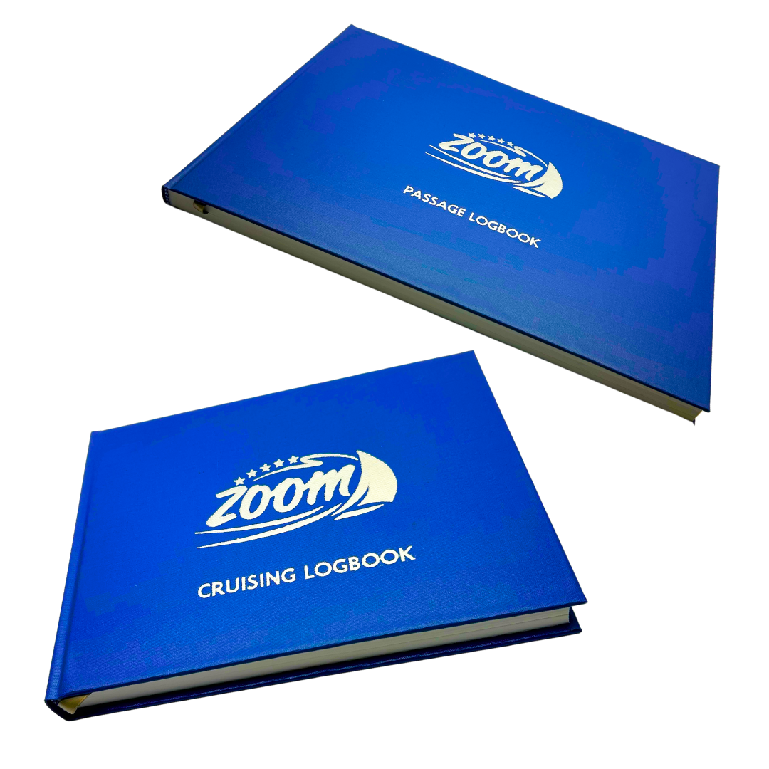 Two custom blue log books featuring the "Zoom" logo.