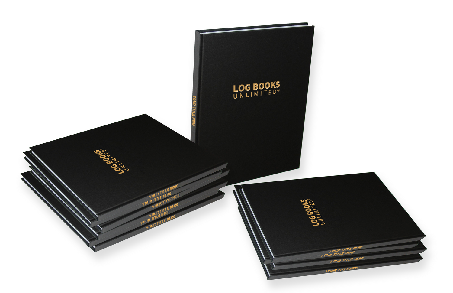 Black cover log books with log books unlimited text on the front cover.