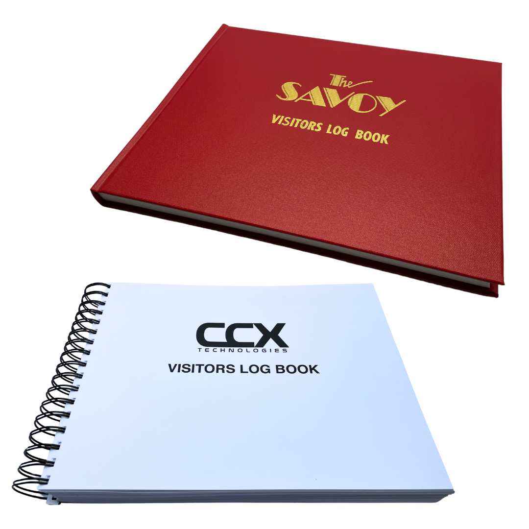 Two custom visitor log books in different styles.