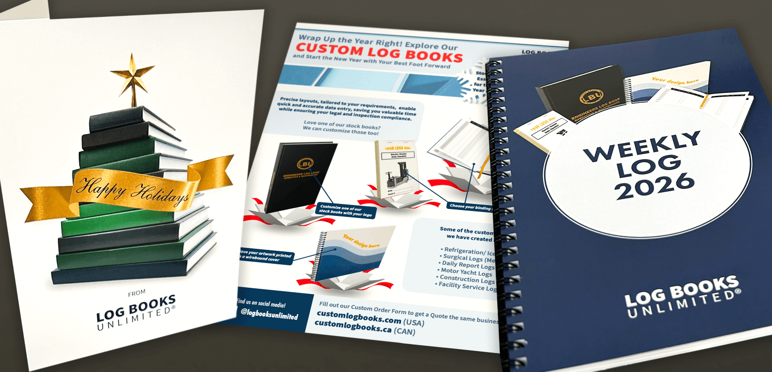 Happy Holidays Banner featuring several log books