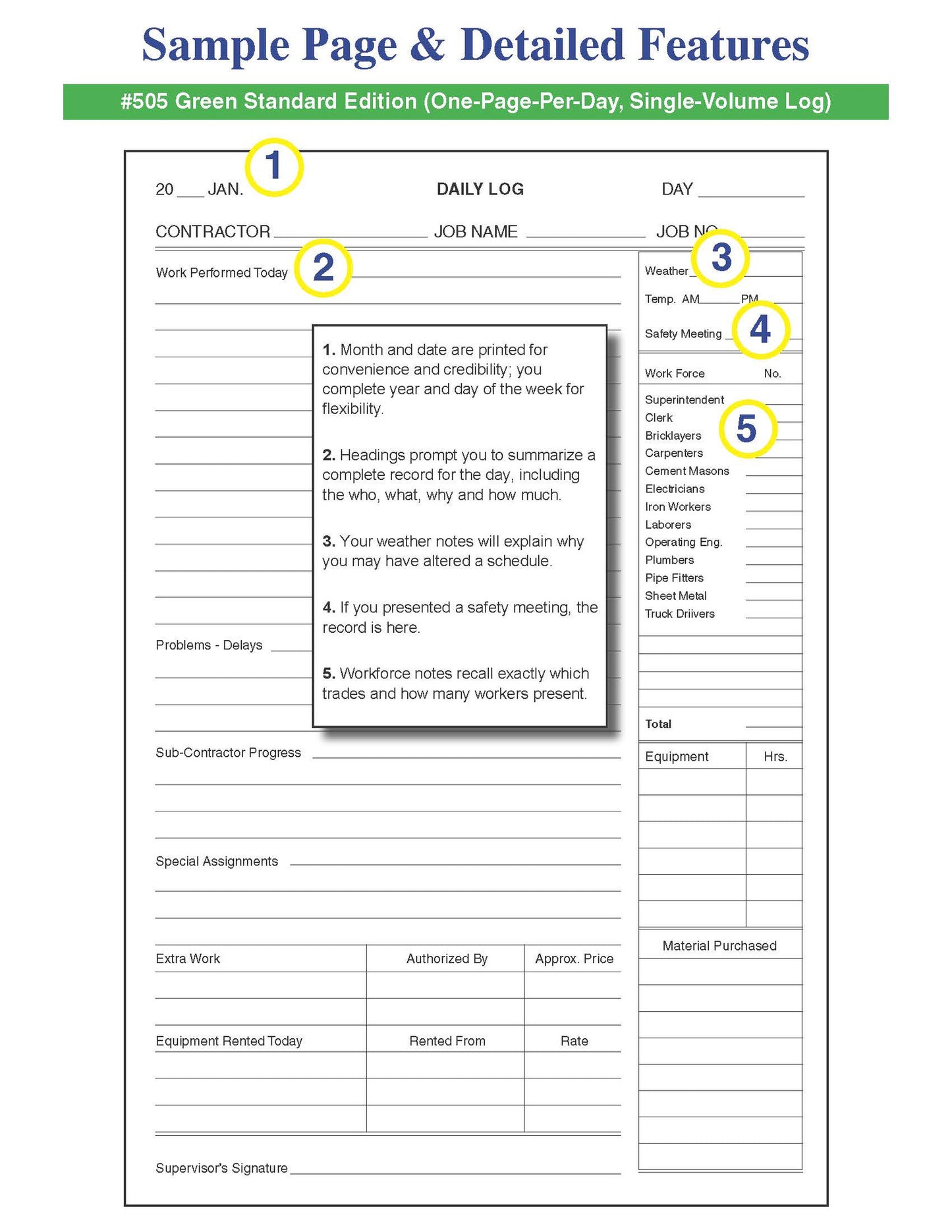 Construction & Maintenance Daily Log Book - Sample Page & Detailed Features