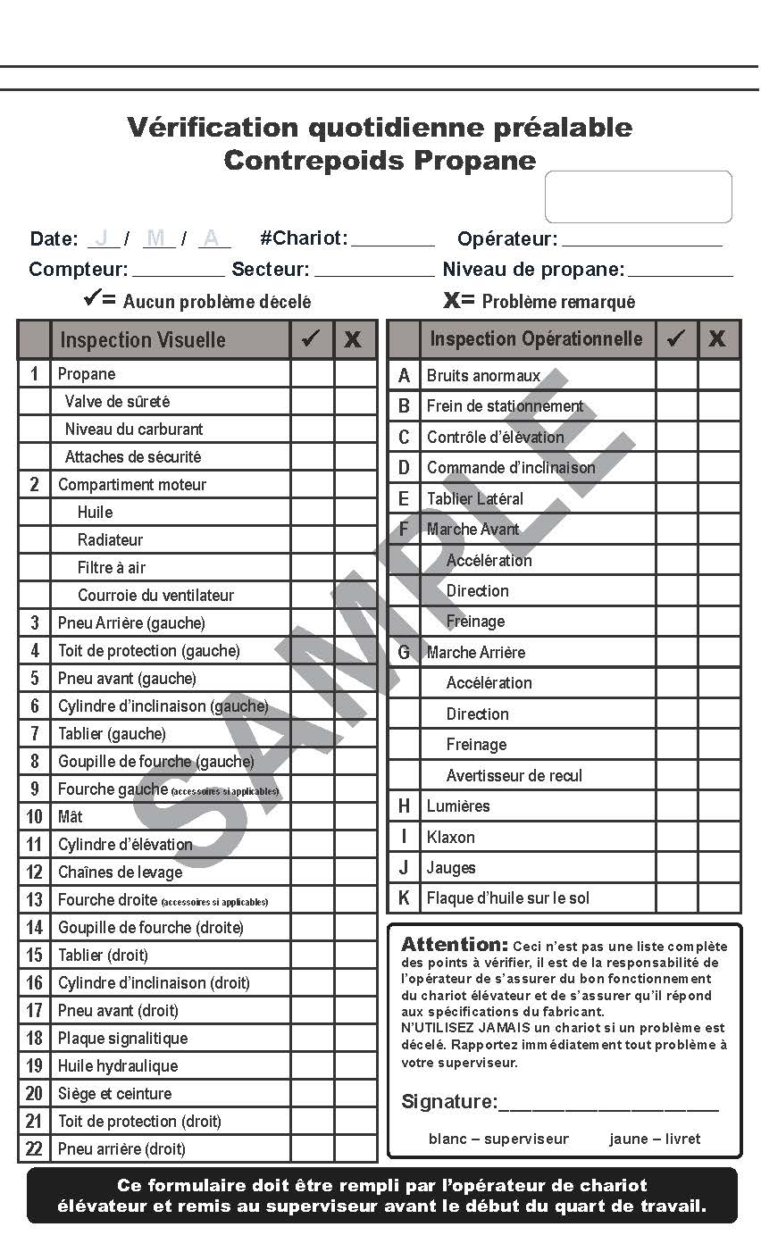 Chariot Contrepoids Combustion Interne - carnet de listes de vérification d'inspection # CHKCBFR