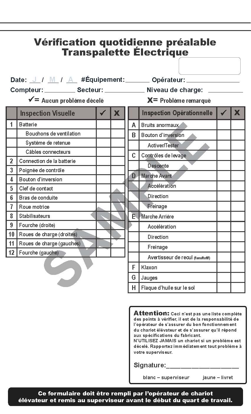 Transpalette Électrique - carnet de listes de vérification d'inspection # CHKPFR