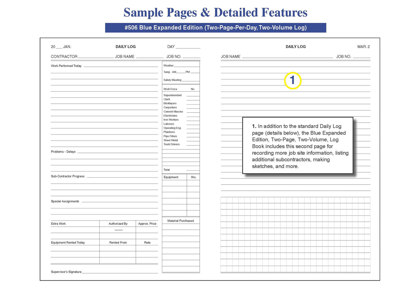 Construction & Maintenance (2 Volume Set) Daily Log Book #506 Sample Page - Spread