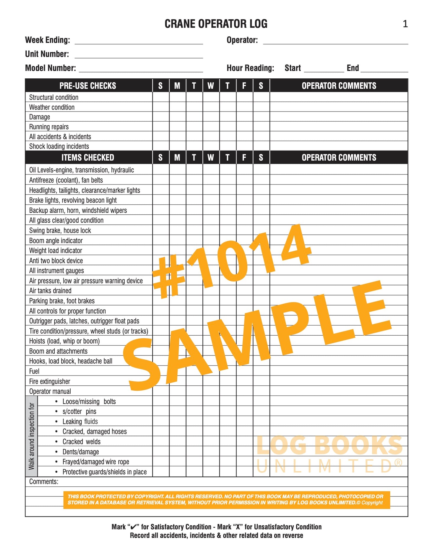 Crane Operator Log Book #1014 Sample Page 1
