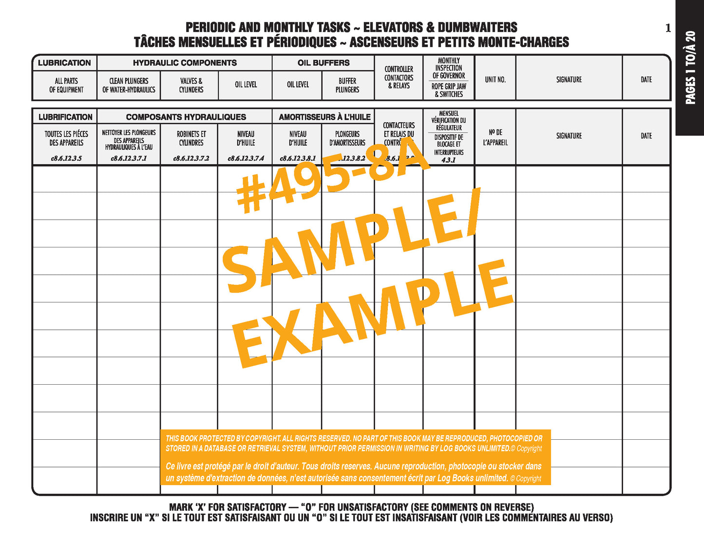 Elevating Devices Maintenance Log Book #495-8A Sample Page