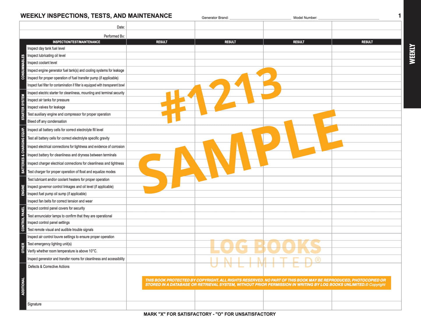 Emergency Generator Log Book #1213 Sample Page