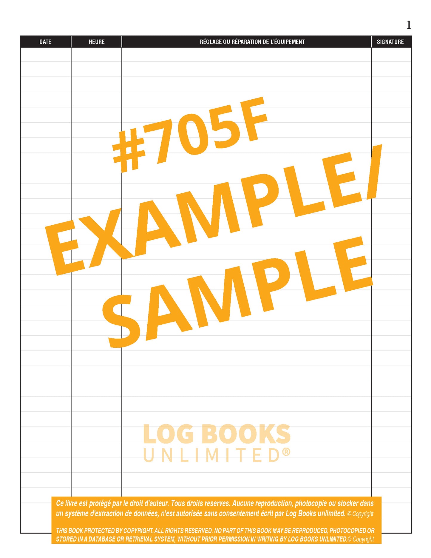 Equipment Maintenance Log Book (French) #705F Sample Page