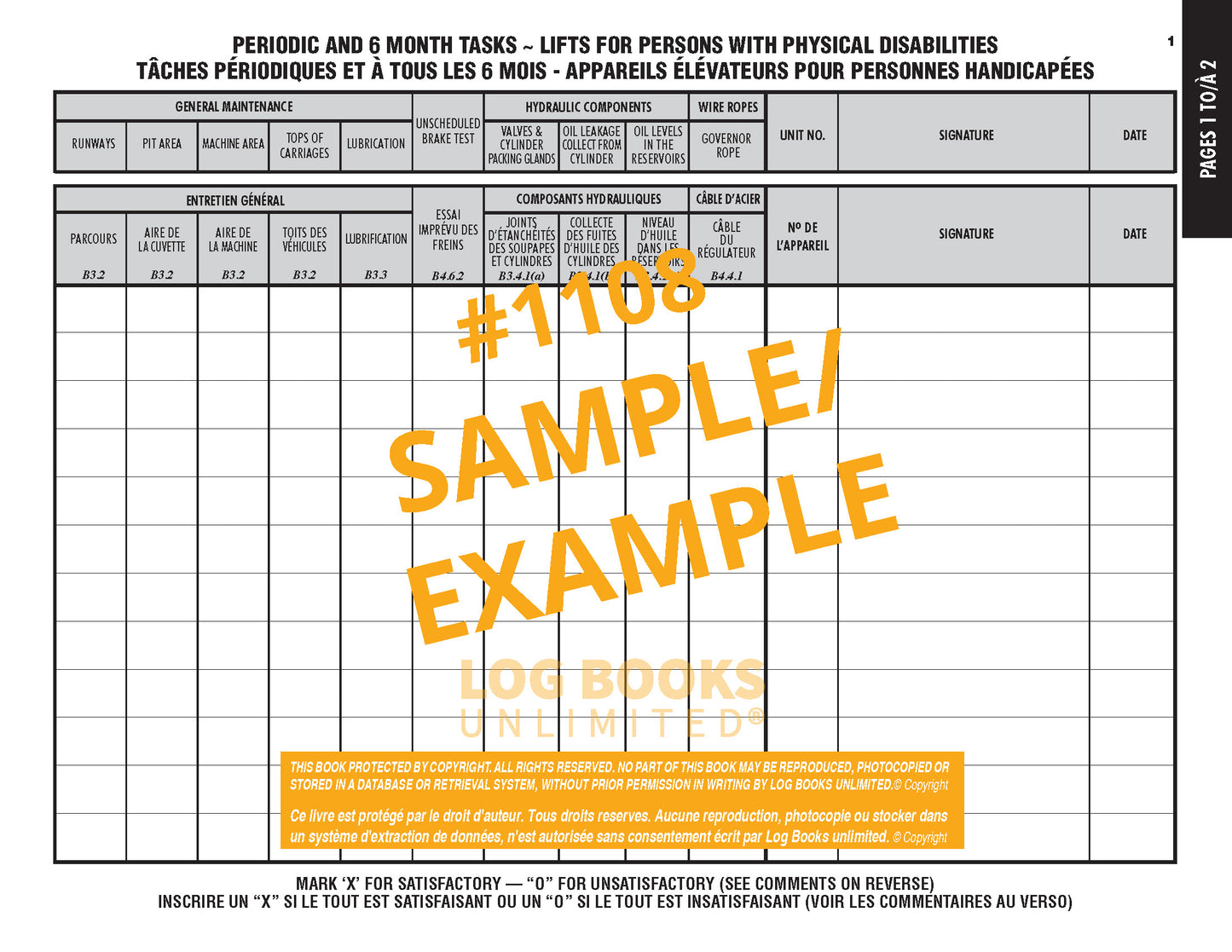 Lifts for the Disabled Log Book (Bi-lingual) #1108 Sample Page