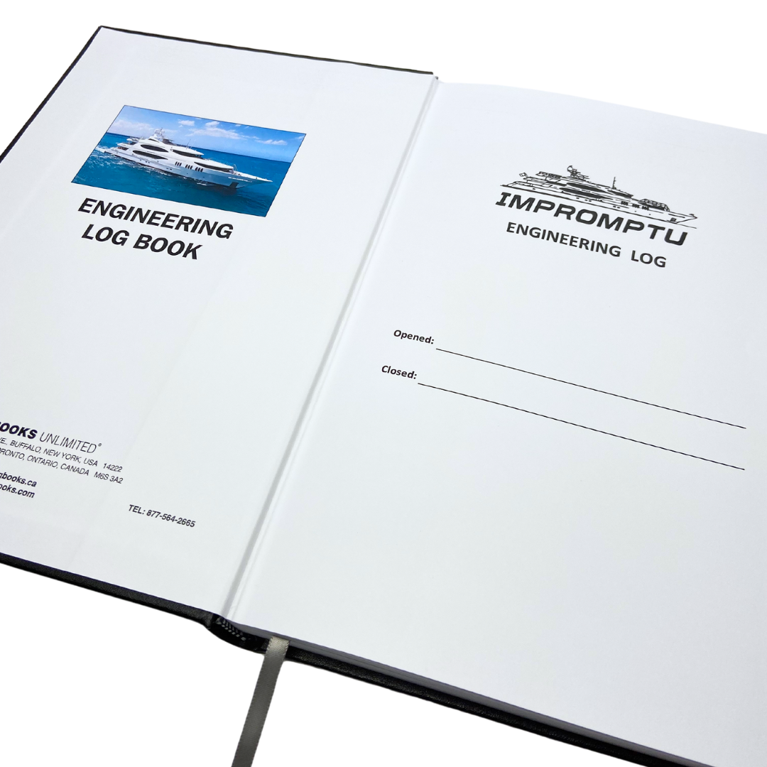 Open engineering log book featuring a yacht image on the left page and space for entries on the right.