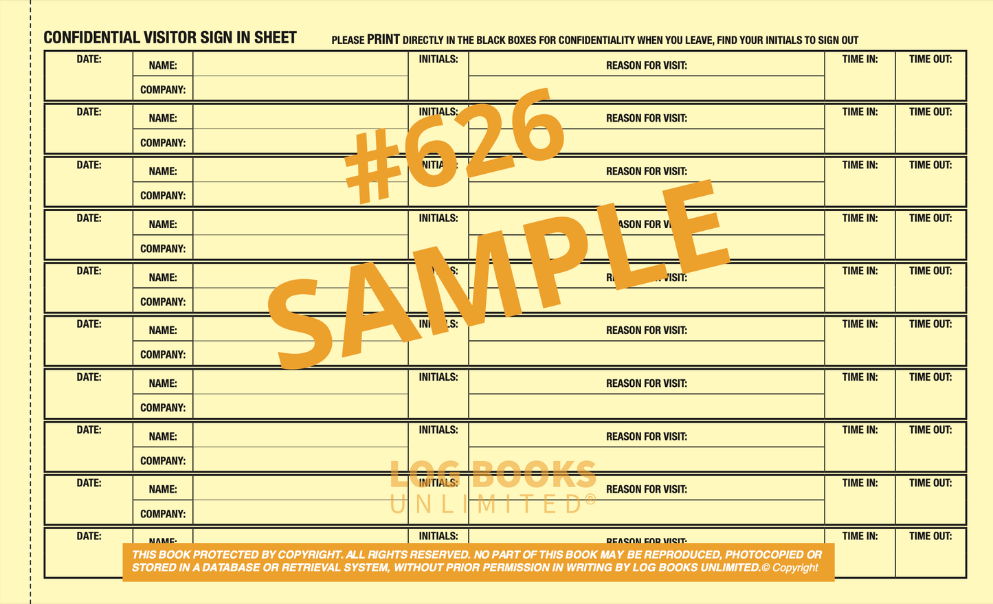 #626 Confidential Visitor Sign In Log Book, Sample Page (Yellow)