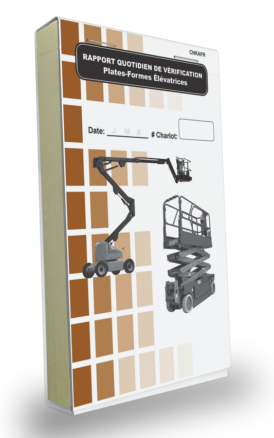 Cover of the Daily Operator Checklist log book for Aerial Work Platforms in French.