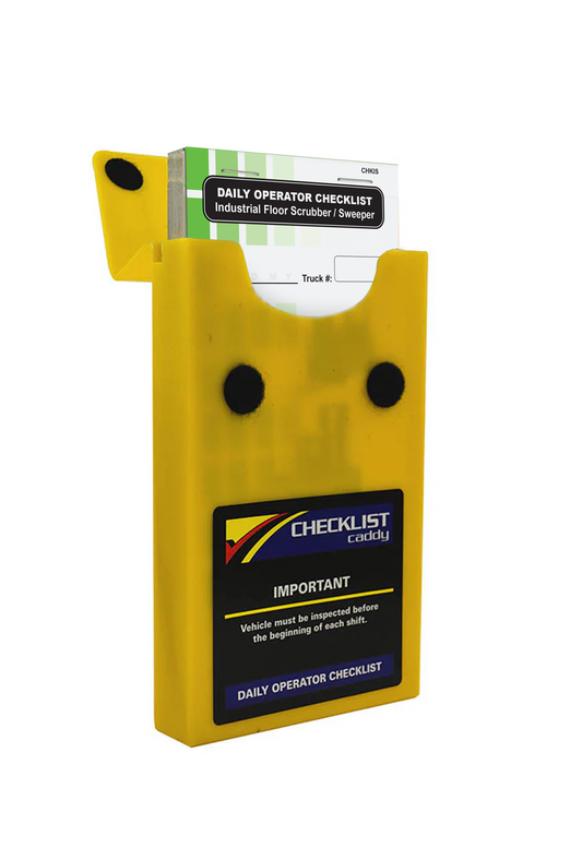 A yellow checklist caddy holding a daily operator checklist for an industrial floor scrubber, designed for easy vehicle inspection.